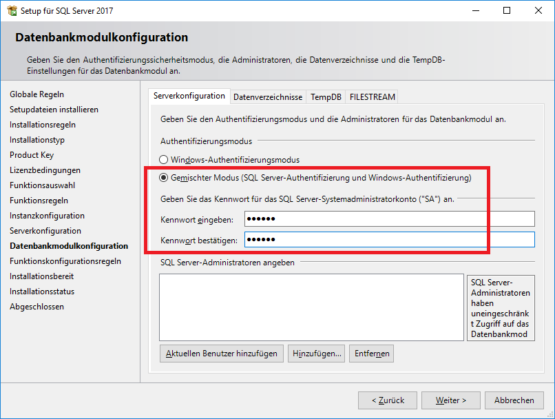 sa-Konto bei der SQL Server-Authentifizierung